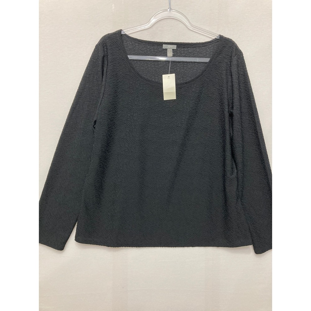 New J. Jill Textured Knit Scoop Neck Top XL Black Long Sleeve‎ Stretch Blouse